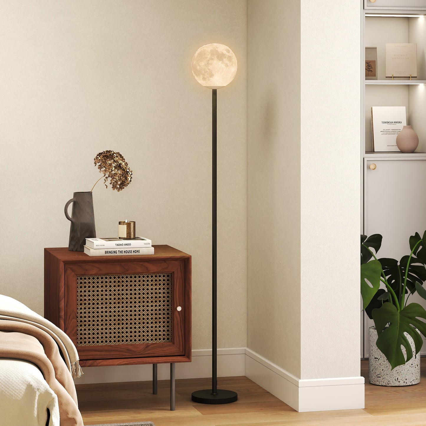 HOMCOM Stehlampe mit Schirm in Mondoptik, Fußschalter, 3 Farbtemperaturen, Metall, Schwarz