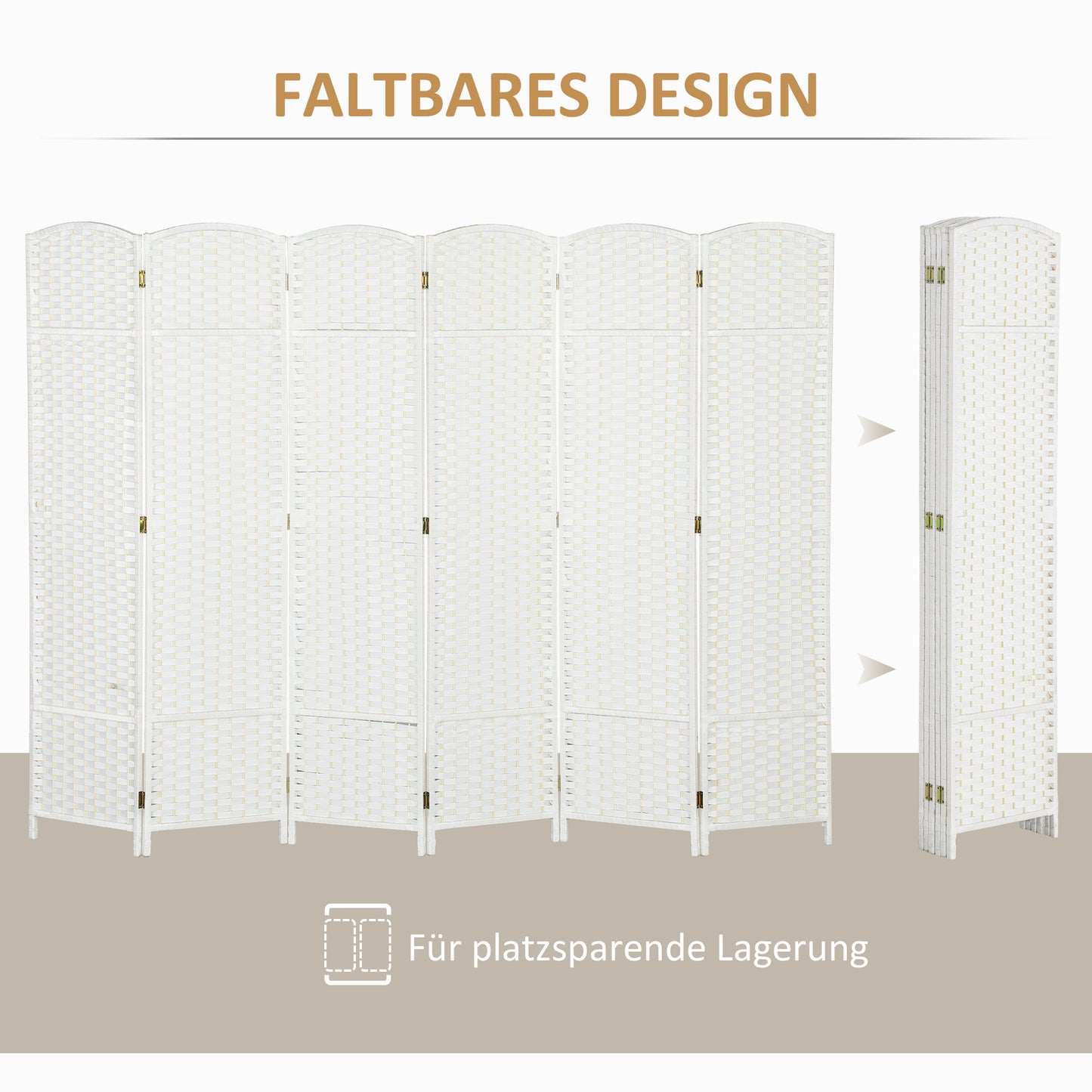 HOMCOM 6-teiliger Raumtrenner, Faltbarer Sichtschutz, Sichtschutzwand für Wohnzimmer, Schlafzimmer, Homeoffice, Weiß