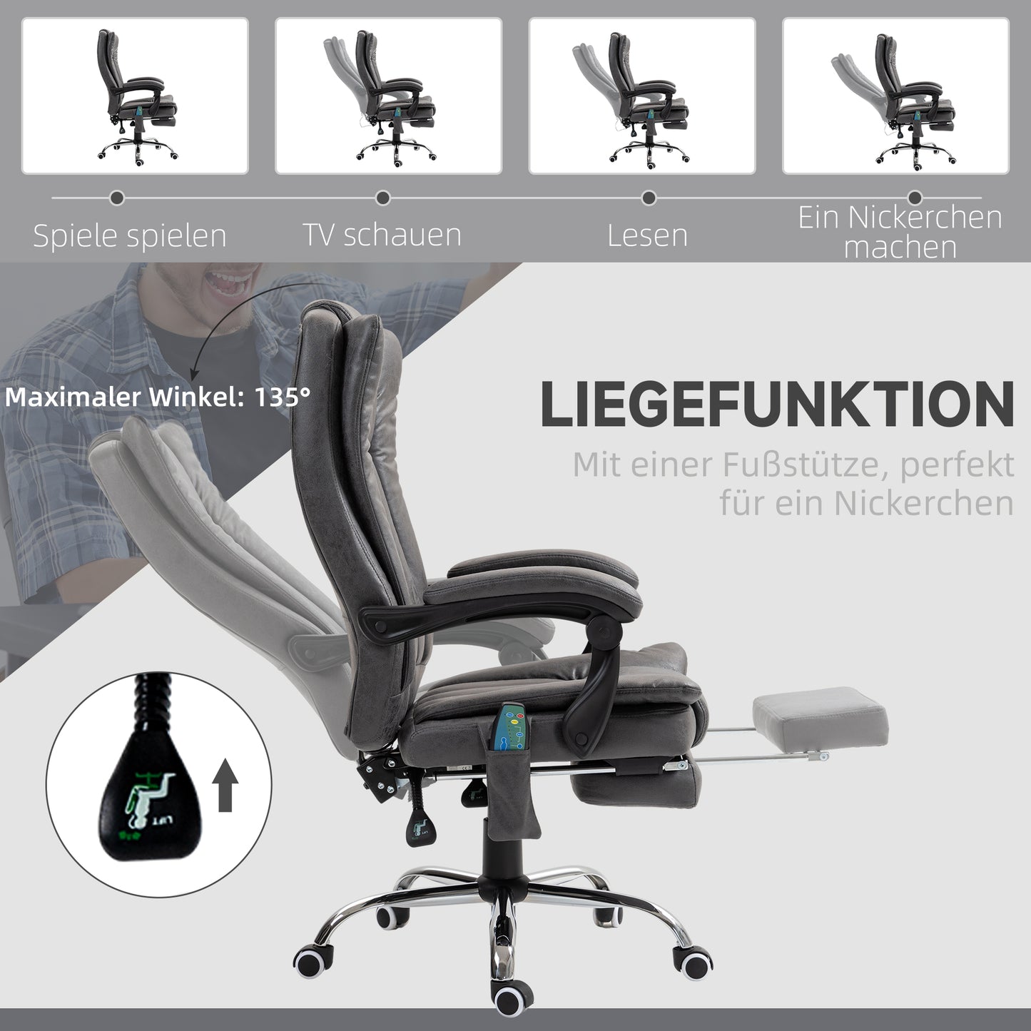 Vinsetto Chefsessel mit Massage- und Wärmefunktion, Fußstütze, verstellbar, bis 120kg, Grau