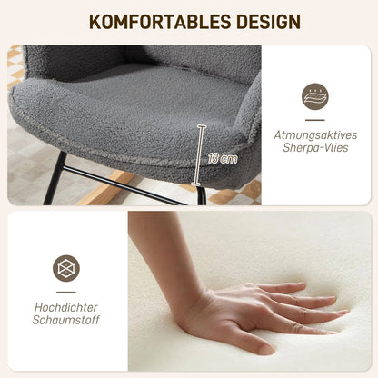 HOMCOM Schaukelstuhl mit Fußhocker, weicher Fleece-Bezug, Holzbeine, Kissen, hohe Rückenlehne, Schaukelsessel, Dunkelgrau