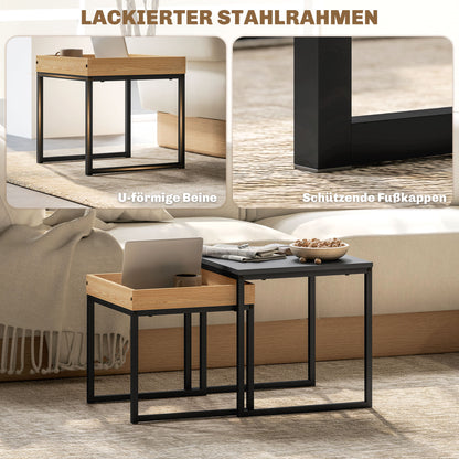 HOMCOM Moderner Couchtisch, 2er-Set Sofatisch, für kleine Räume, Quadratisch, MDF, Metall, Schwarz