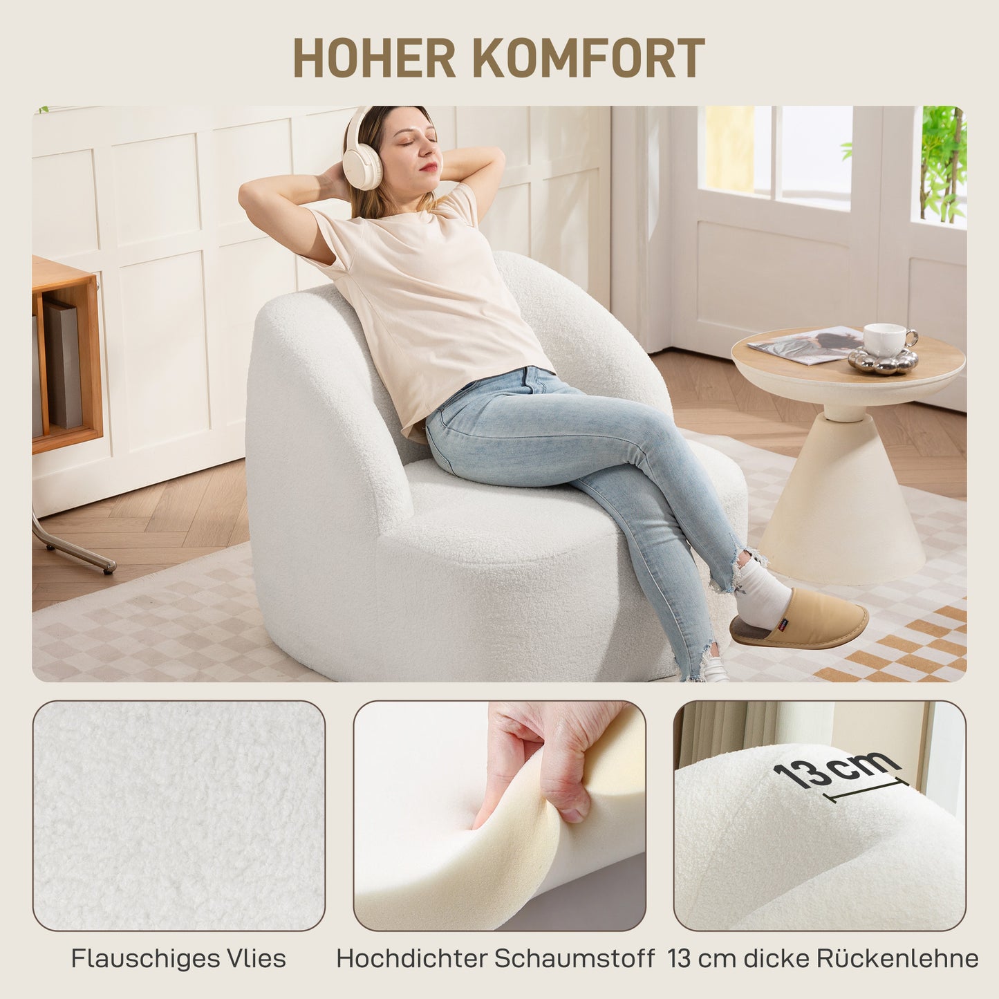 HOMCOM Moderner Sessel mit Fleece-Polsterung, kuscheliger Polstersessel für Wohnzimmer, Schlafzimmer, Homeoffice, Cremeweiß