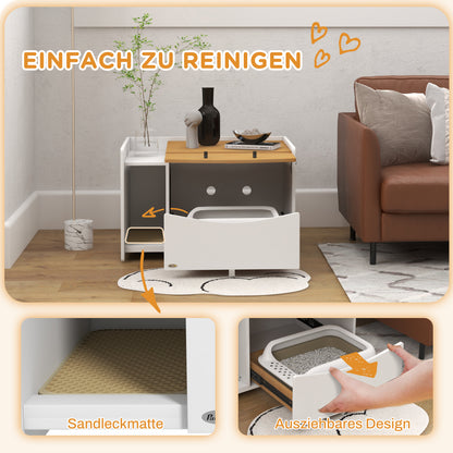 PawHut Katzentoilette, ausziehbar, Schrankdesign, Streufach, 78x50x51cm, Eiche/Weiß