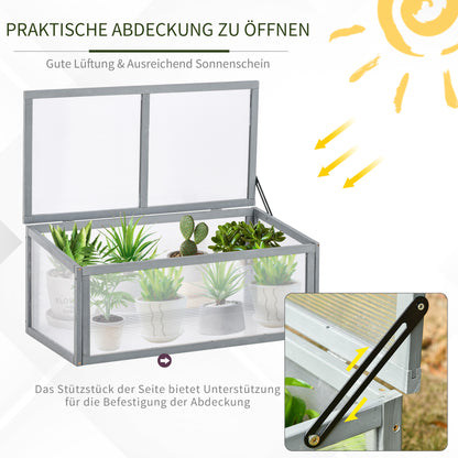 Outsunny Frühbeet Holz und Polycarbonat Treibhaus 90 x 46 x 40 cm Gewächshaus mit Abdeckung wetterfest Frühbeetkasten für Garten Pflanzenbeet Grau