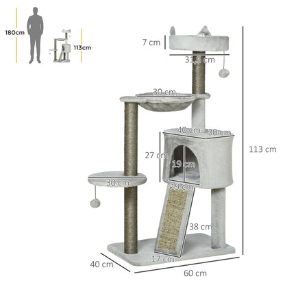Pawhut Kratzbaum inkl. Katzenhöhle, Katzenbett, Katzenhängematte und Spielzeug 60 cm x 40 cm x 113 cm, Hellgrau