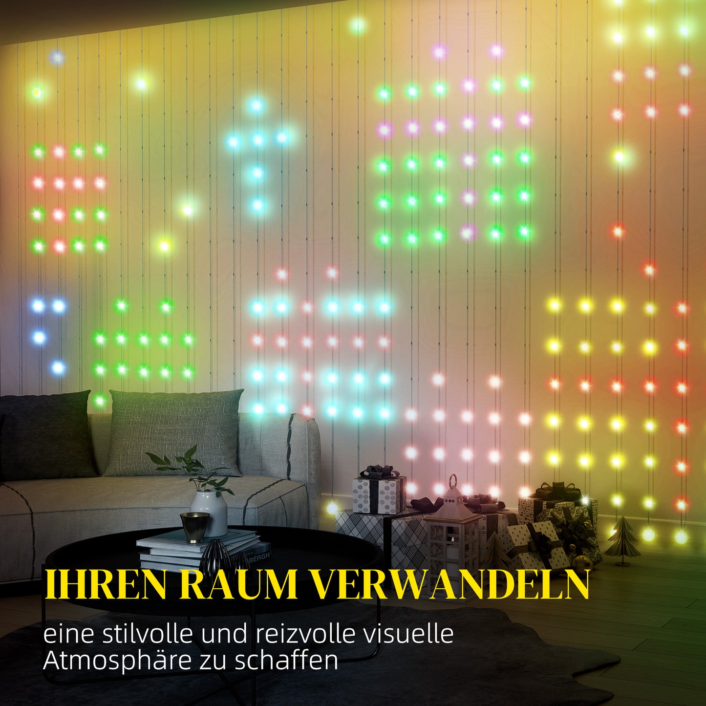 HOMCOM Vorhang mit 400 LED-Lichtern, Dynamische Lichterketten mit Musiksynchronisation für Schlafzimmer, Wohnzimmer, 3 x 3 m