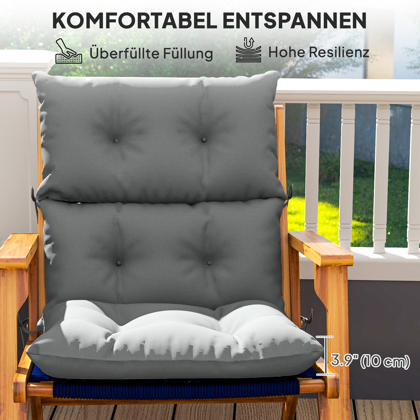 Outsunny Sitzkissen, Dickes Polsterkissen für Sitzmöbel, mit Rückenlehne, Schaukelstuhlkissen, für drinnen und draußen, Hellgrau