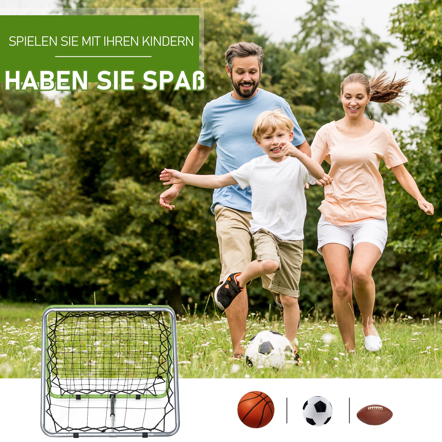 HOMCOM Fußball Rebounder Kickback Tor Rückprallwand Netz für Baseball Basketball beidseitiger Rückprall Verstellbar in 5 Stufen Metall Grün+Schwarz 75 x 75 x 64 cm