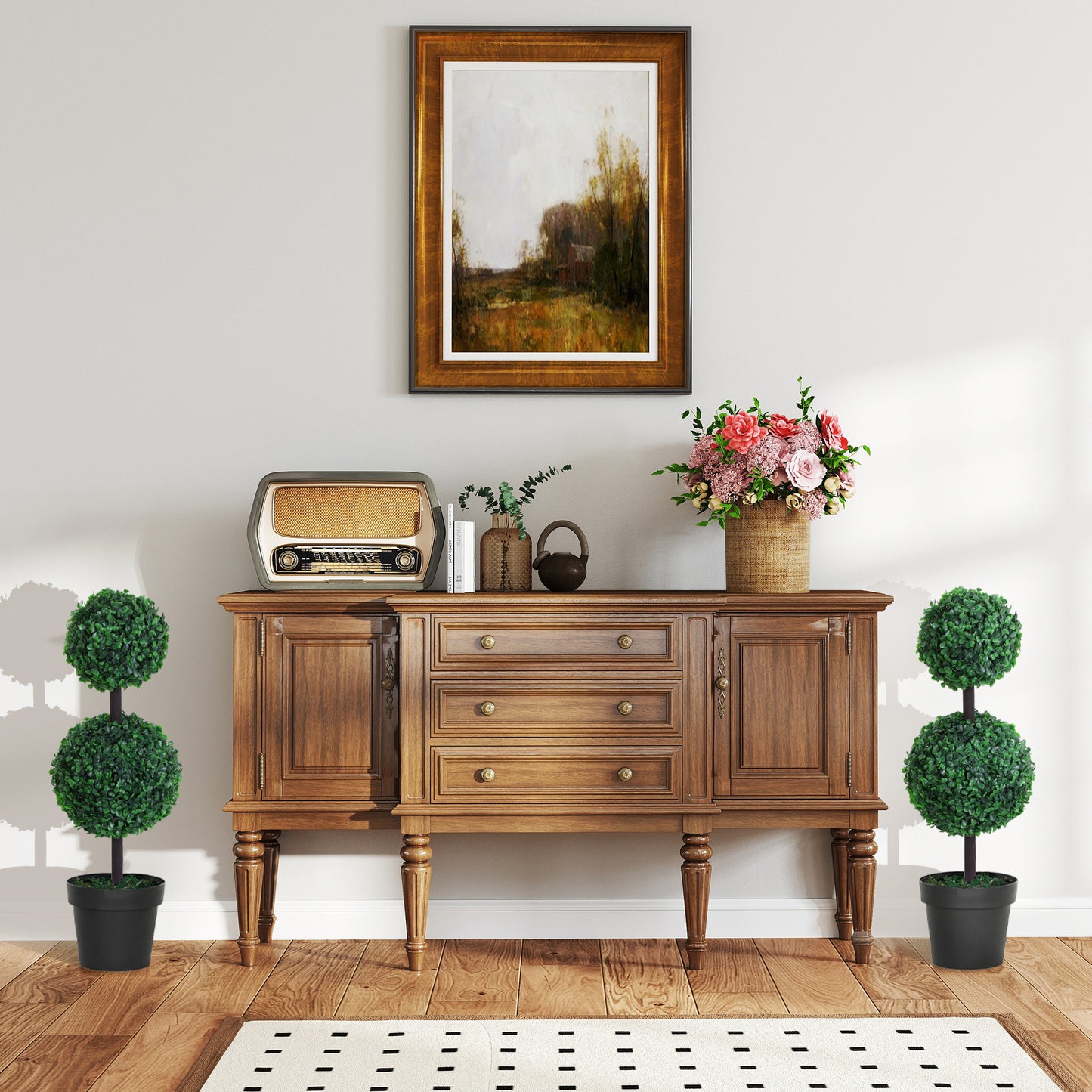 Outsunny 2er-Set Kunstpflanze, Künstliche Pflanzen im Kugeldesign, Kunstbaum im Zementtopf, Kunststoff-Pflanze, Grün+Schwarz