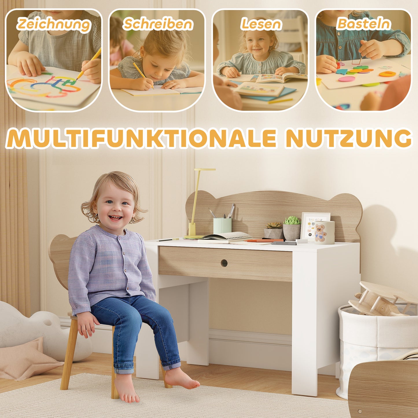 AIYAPLAY Schreibtisch-Set für Kinder, Arbeitstisch und Stuhl mit Bärenform, Schublade, zum Schreiben und Basteln, 3-8 Jahre, Naturholz