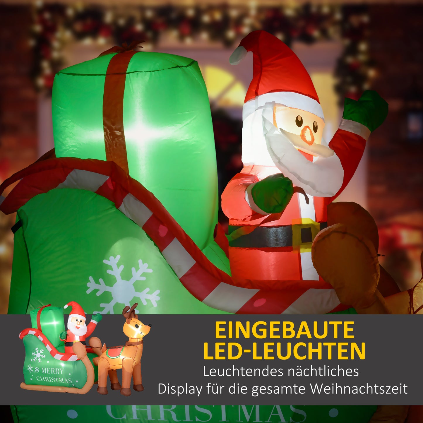 Outsunny Weihnachtsmann mit Schlitten &amp; Rentier, aufblasbar, weiße LED-Beleuchtung, 210 x 80 x 140 cm