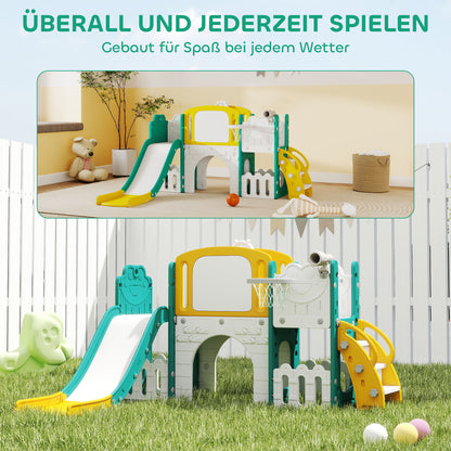 AIYAPLAY 7-in-1 Rutschenset für Kleinkinder, Basketballkorb, Froschdesign, Klettergerüst, Schaukelsitz, für drinnen und draußen, Gelb+Grün