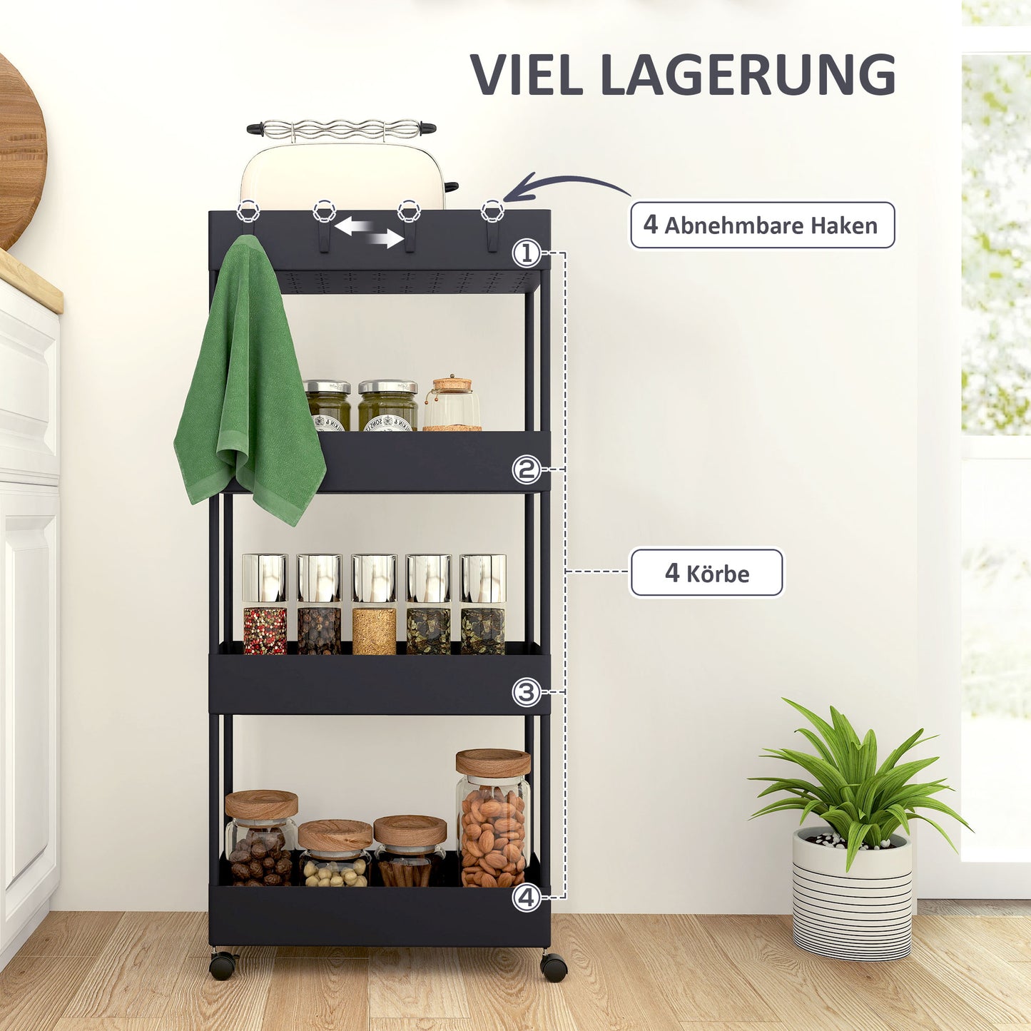 HOMCOM Küchenwagen mit 4 Regalen, 4 flexiblen Haken, 4 Rollen, 40 cm x 19 cm x 90 cm, Nischenwagen, Schwarz