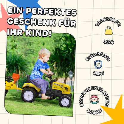 HOMCOM Trettraktor mit Anhänger, Werkzeug, Hupe, für Kinder ab 3 J., Metallrahmen, schwarz-gelb, 133 x 42 x 51 cm
