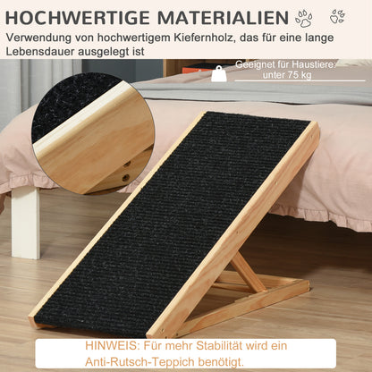 PawHut Haustierrampe mit rutschfestem Teppich verstellbarer Haustierleiter Hunderampe für großen Hund Kiefernholz Polyester Schwarz+Naturholz 90B x 40T x 61H cm