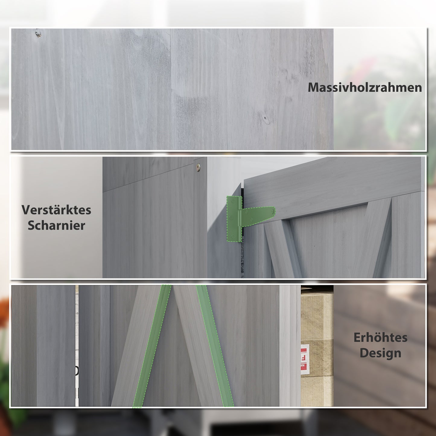 Outsunny Gartenschuppen mit Scheunentür, verstellbare Regale, schlankes Design, Tannenholz, Hellgrau