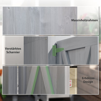 Outsunny Gartenschuppen mit Scheunentür, verstellbare Regale, schlankes Design, Tannenholz, Hellgrau