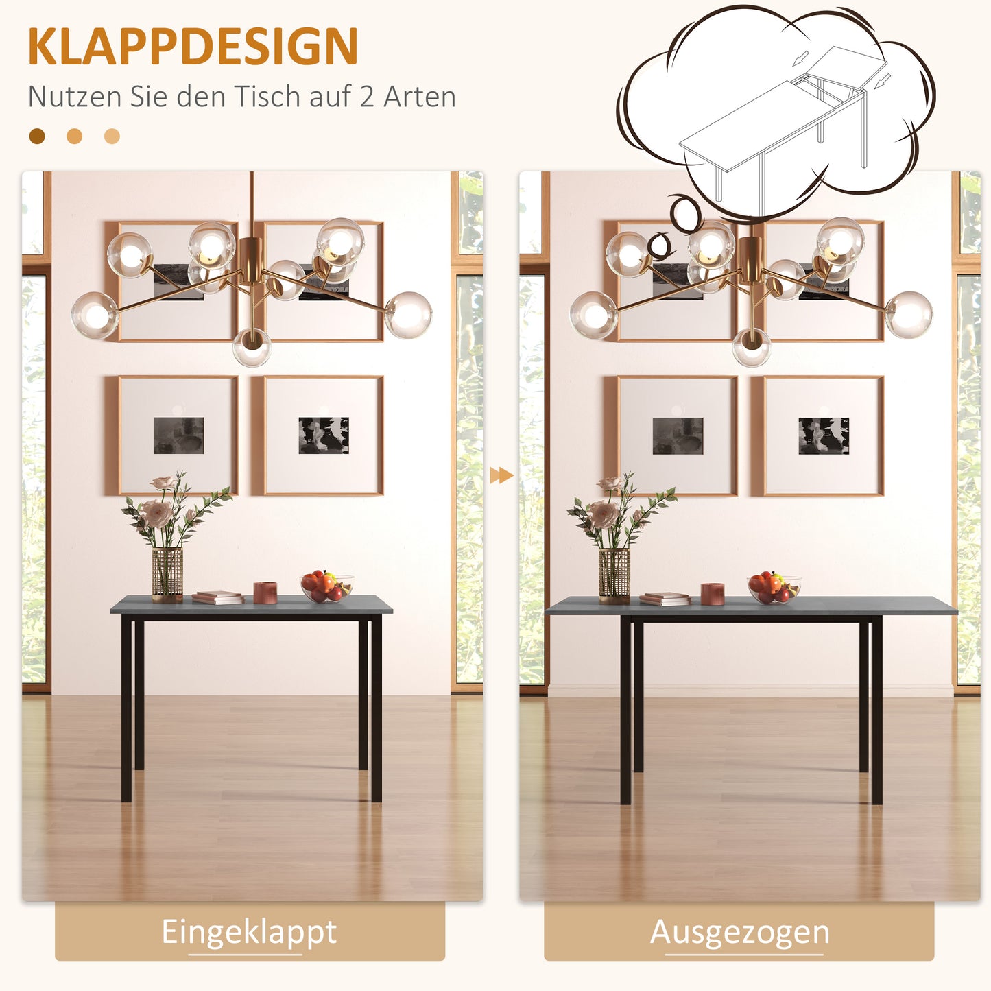 HOMCOM Esszimmertisch, Küchentisch, erweiterbar, für 6 Personen, 160x70, Dunkelgrau