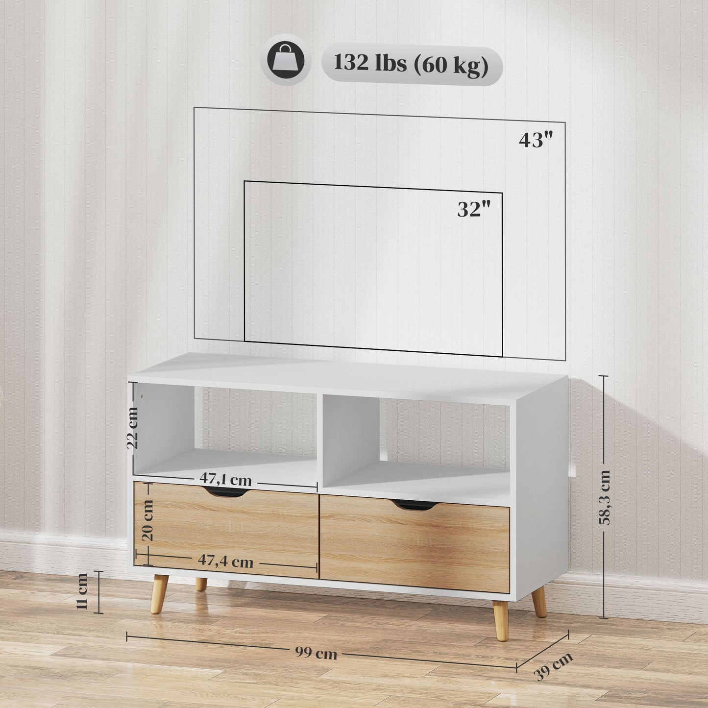 HOMCOM TV-Schrank, TV-Kommode mit Schubladen, Offene Regale, Holz, 99 x 39 x 58 cm, Weiß