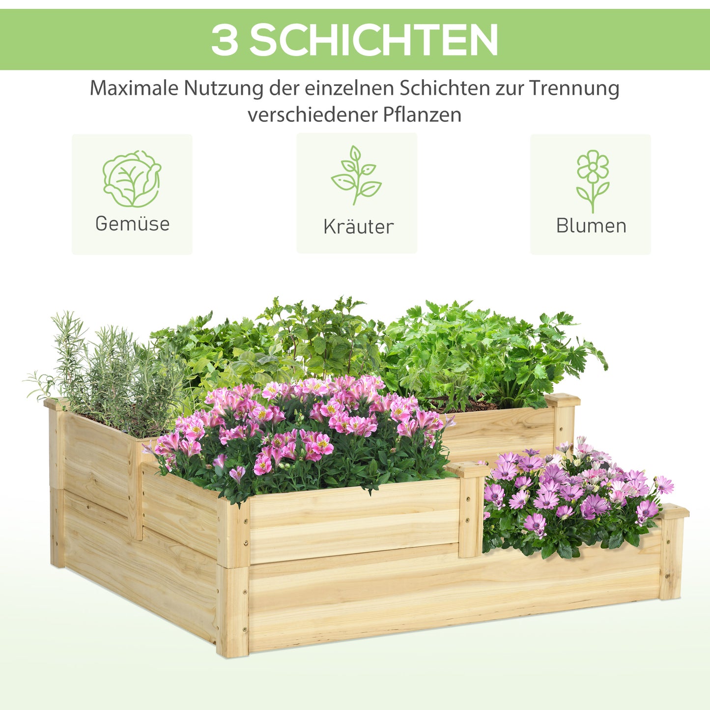 Outsunny Hochbeet mit 3 Pflanzkästen, 3-stufiges Design, offenere Boden, 108 cm x 88 cm x 36 cm, Natur