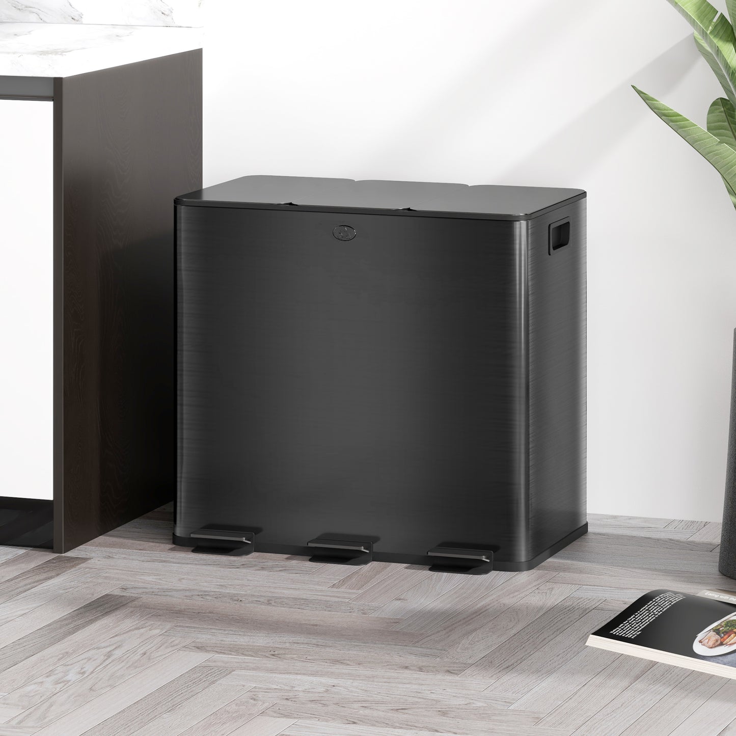 HOMCOM Mülleimer mit 3 x 15L Fächern, Deodorant-Deckel, fingerabdrucksicher, Soft-Close, herausnehmbar, Schwarz