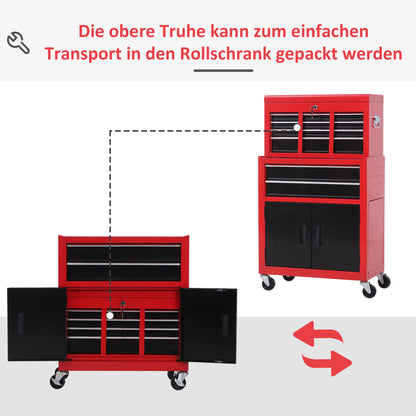 HOMCOM Werkzeugschrank mit Werkzeugkiste, rollbar, 6 Schubladen, Metall, Rot