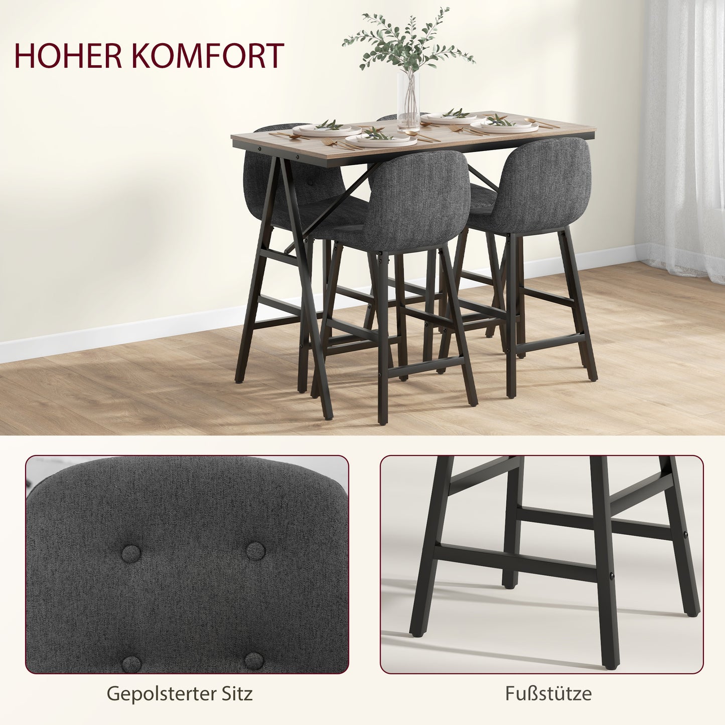 HOMCOM Bargarnitur 5-teilig, Tisch und 4 Stühle, Knopfheftung, dicke Polsterung, Leinenoptik, Dunkelgrau