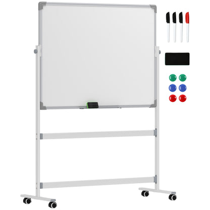 HOMCOM Whiteboard,120 x 90 cm, magnetisch, drehbar, mobil, inkl. Marker & Schwamm, Metallgestell, Weiß