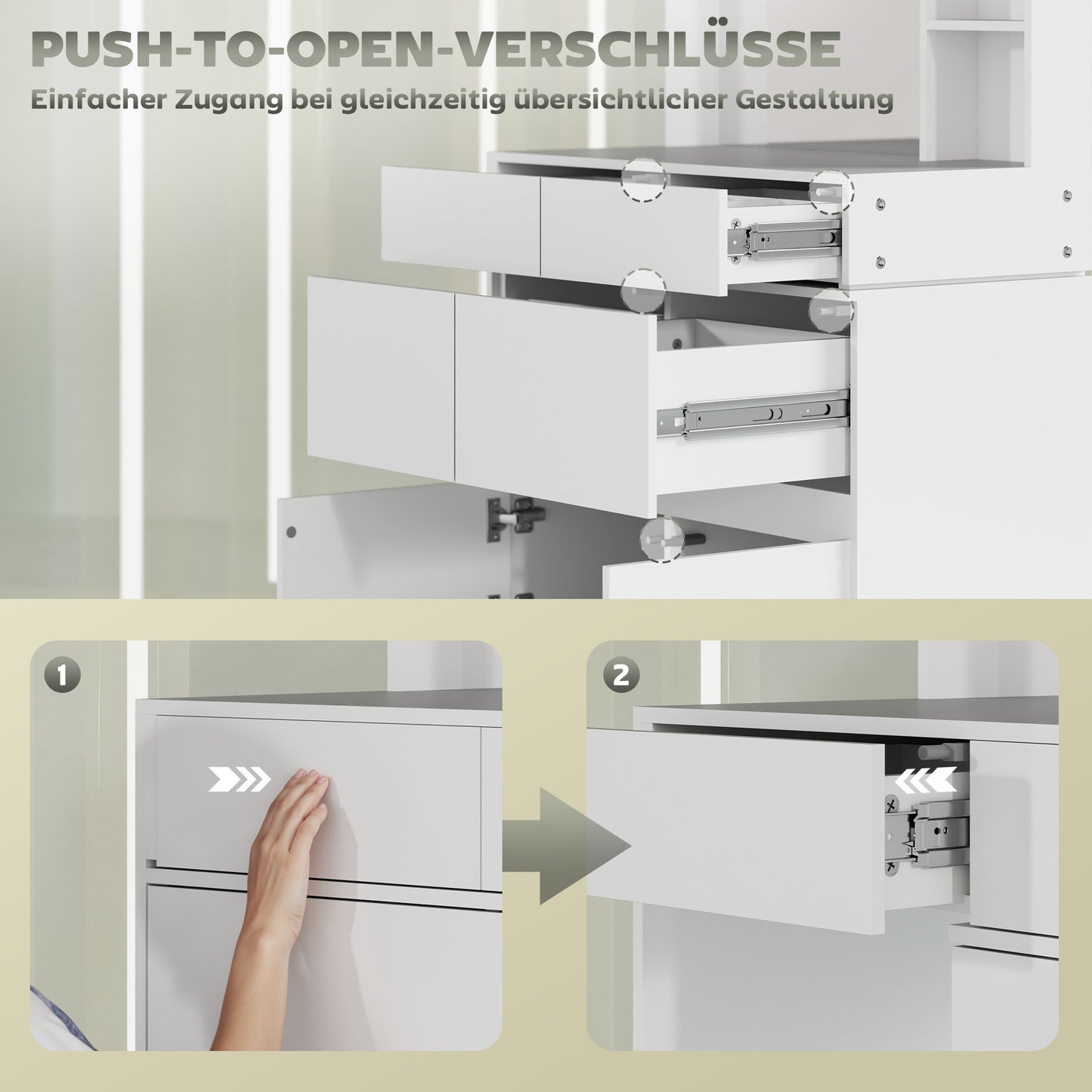 HOMCOM Schminktisch, Make-up-Tisch mit großem Spiegel, 4 Schubladen, 3 offene Fächer, 2 Schränke, MDF, Weiß