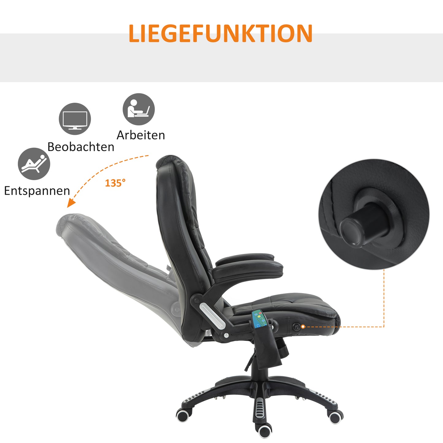 HOMCOM Massagesessel Bürostuhl, Chefsessel mit 6-Punkt-Vibrationsmassage und Wärmefunktion, drehbar Gaming-Stuhl, Kunstleder, 70 x 70 x 111–121 cm, Schwarz
