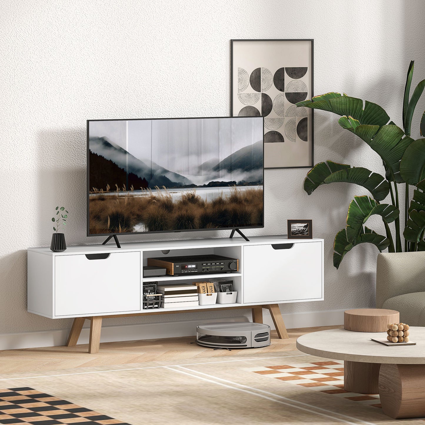 HOMCOM TV-Kommode mit Schubladen und offenen Regalen, MDF, 150 x 39 x 50 cm, Weiß