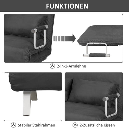 HOMCOM Schlafsofa Schlafcouch mit Verstellbarer Rückenlehne, Wurfkissen, Sofa mit Schlaffunktion, Samtoptik, Armlehne, Gästebett, Klappsessel für Wohnzimmer, Schlafzimmer, Grau