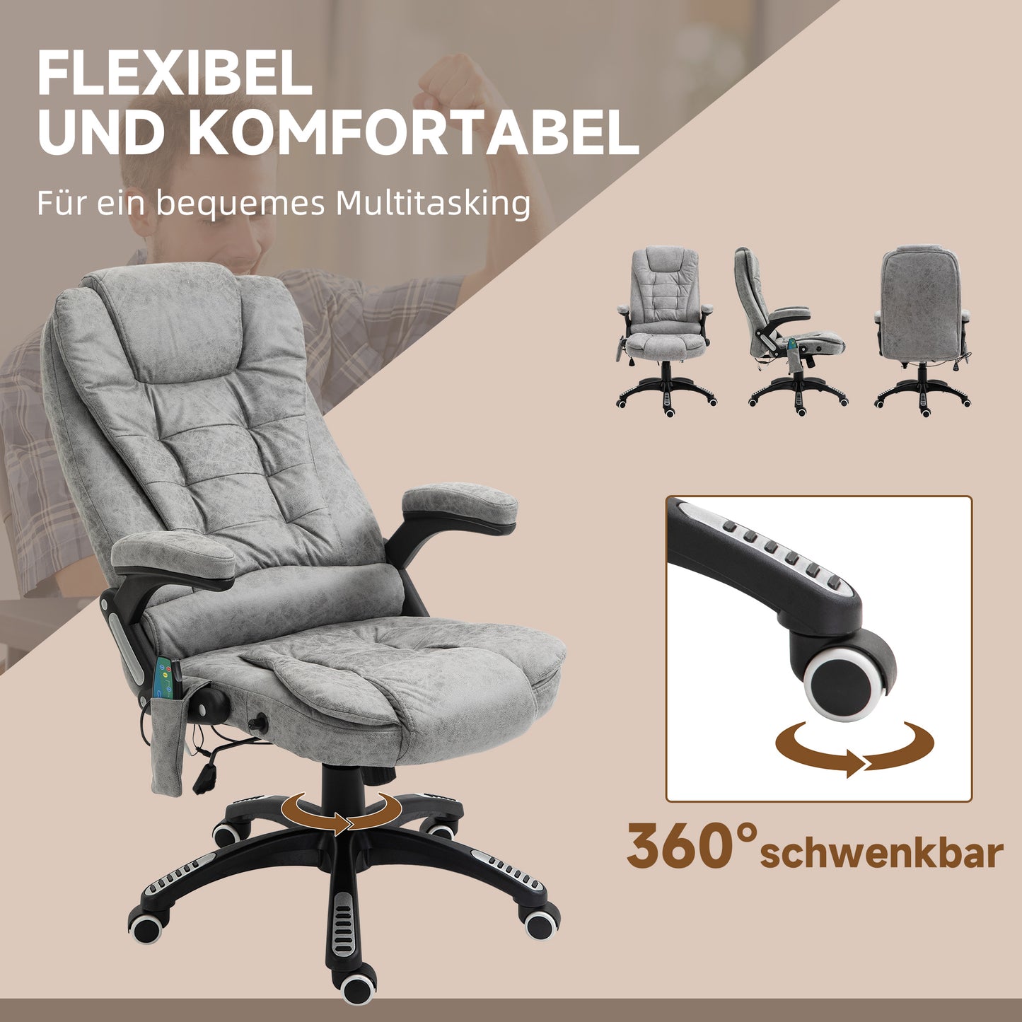 Vinsetto Chefsessel mit Massage- & Wärmefunktion, ergonomisch, verstellbar, bis 120kg, Grau