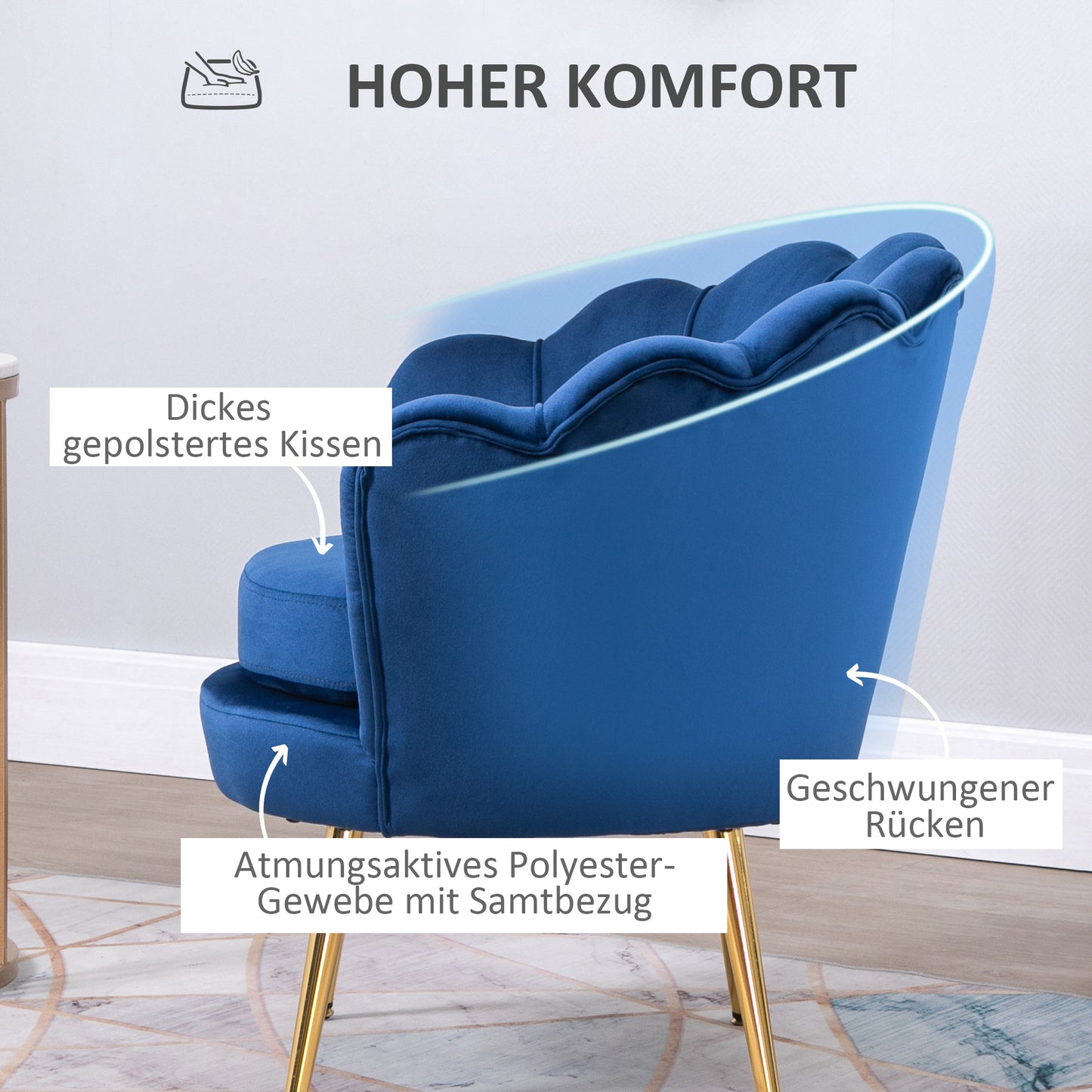 HOMCOM Lounge-Sessel, Vintage-Sessel in Samtoptik, Metallgestell, 76 x 67 x 74 cm, Blau