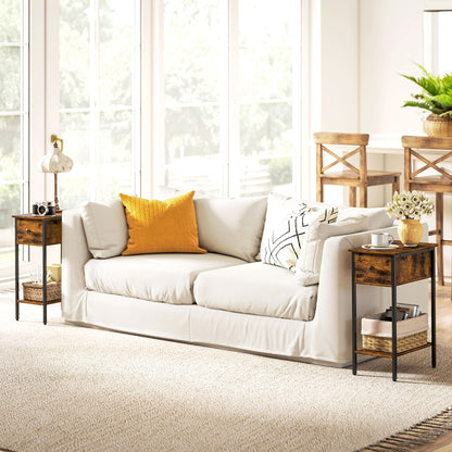 HOMCOM Beistelltisch mit offenem Fach und Schublade, Nachttisch, Metallbeine, Holz, Braun