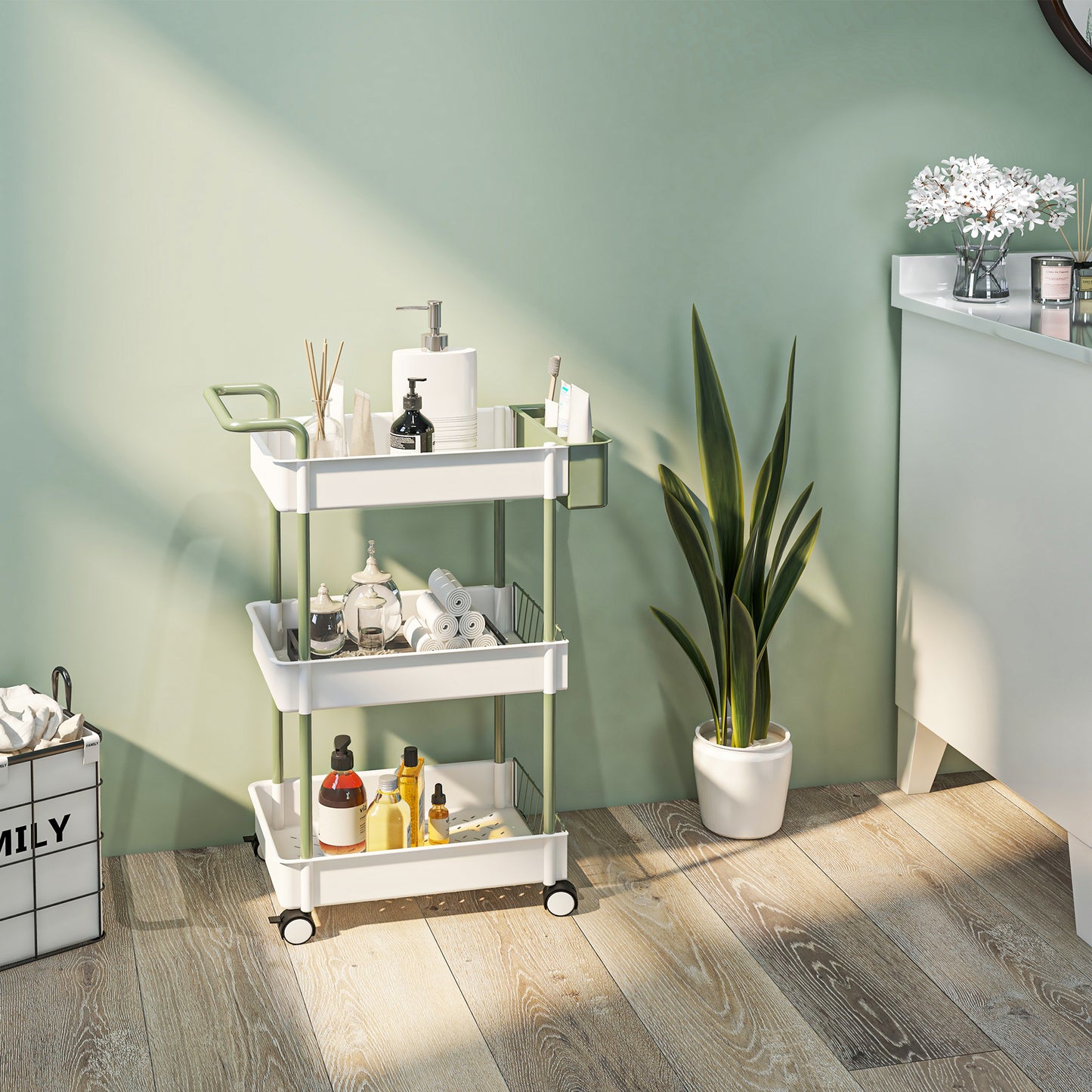 HOMCOM Rollwagen, 3 Etagen, Hängekorb, Schiebegriff, 4 Rollen, Metallrahmen, Weiß, 50 x 29,4 x 77cm