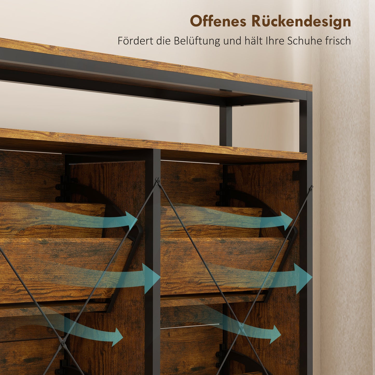 HOMCOM Schuhschrank mit 4 klappbaren Schubladen, schmales Design, offenes Regal, für 12-20 Paar Schuhe, Stahl, Braun