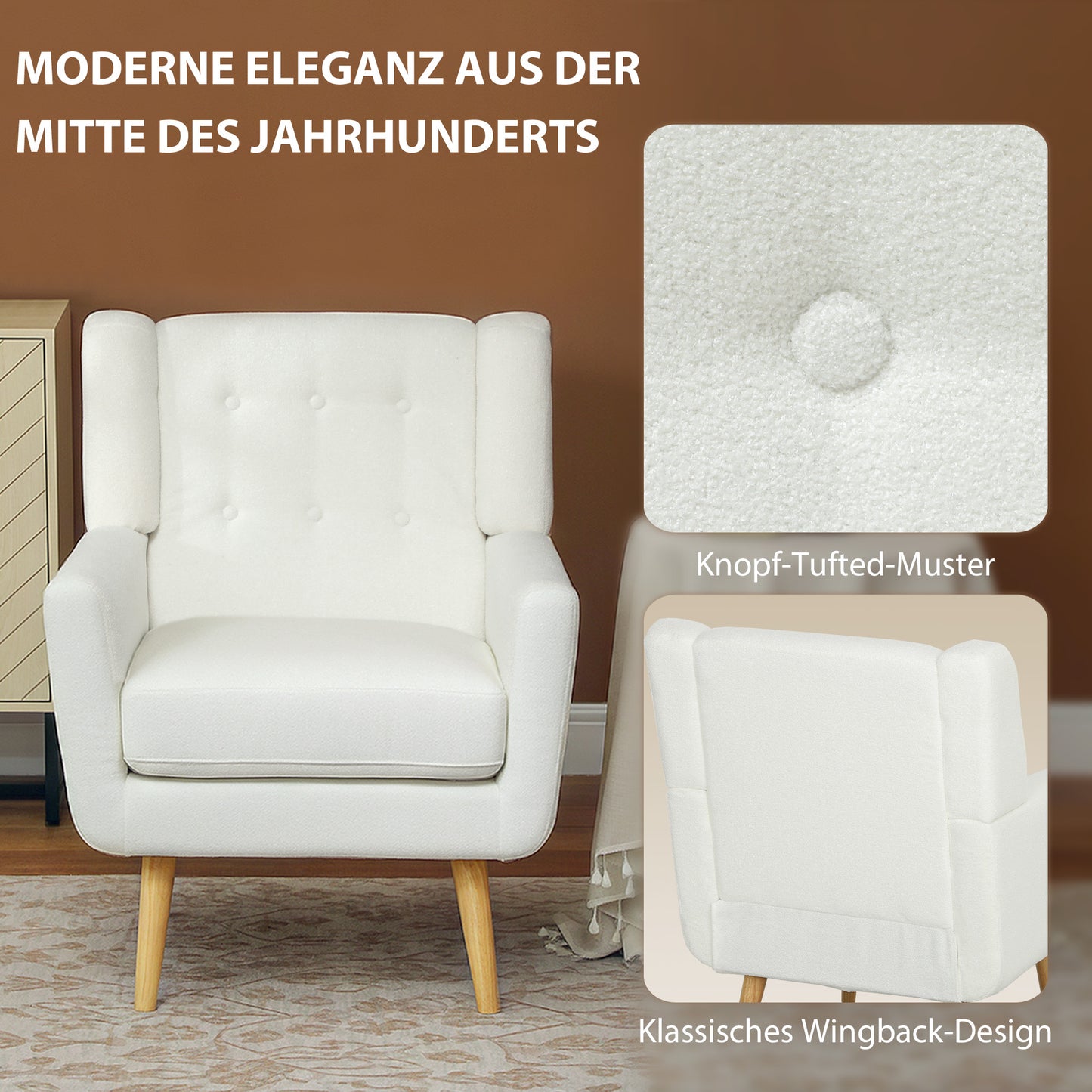HOMCOM Armlehnstuhl, Ohrensessel, Polstersessel, Holzbeine, Knopfsteppung, Weiß