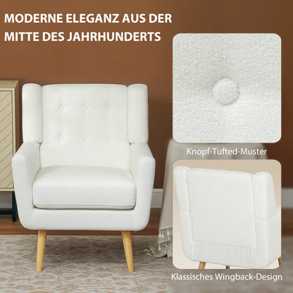 HOMCOM Armlehnstuhl, Ohrensessel, Polstersessel, Holzbeine, Knopfsteppung, Weiß