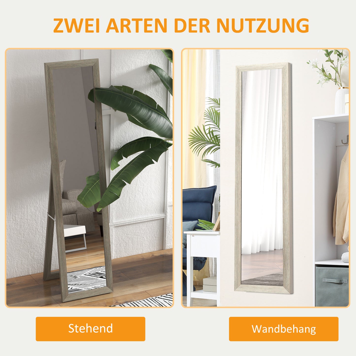 HOMCOM Standspiegel Bodenspiegel Wandspiegel, inkl. Wandbefestigung, Holzoptik, 37 cm x 40 cm x 155 cm, Braun