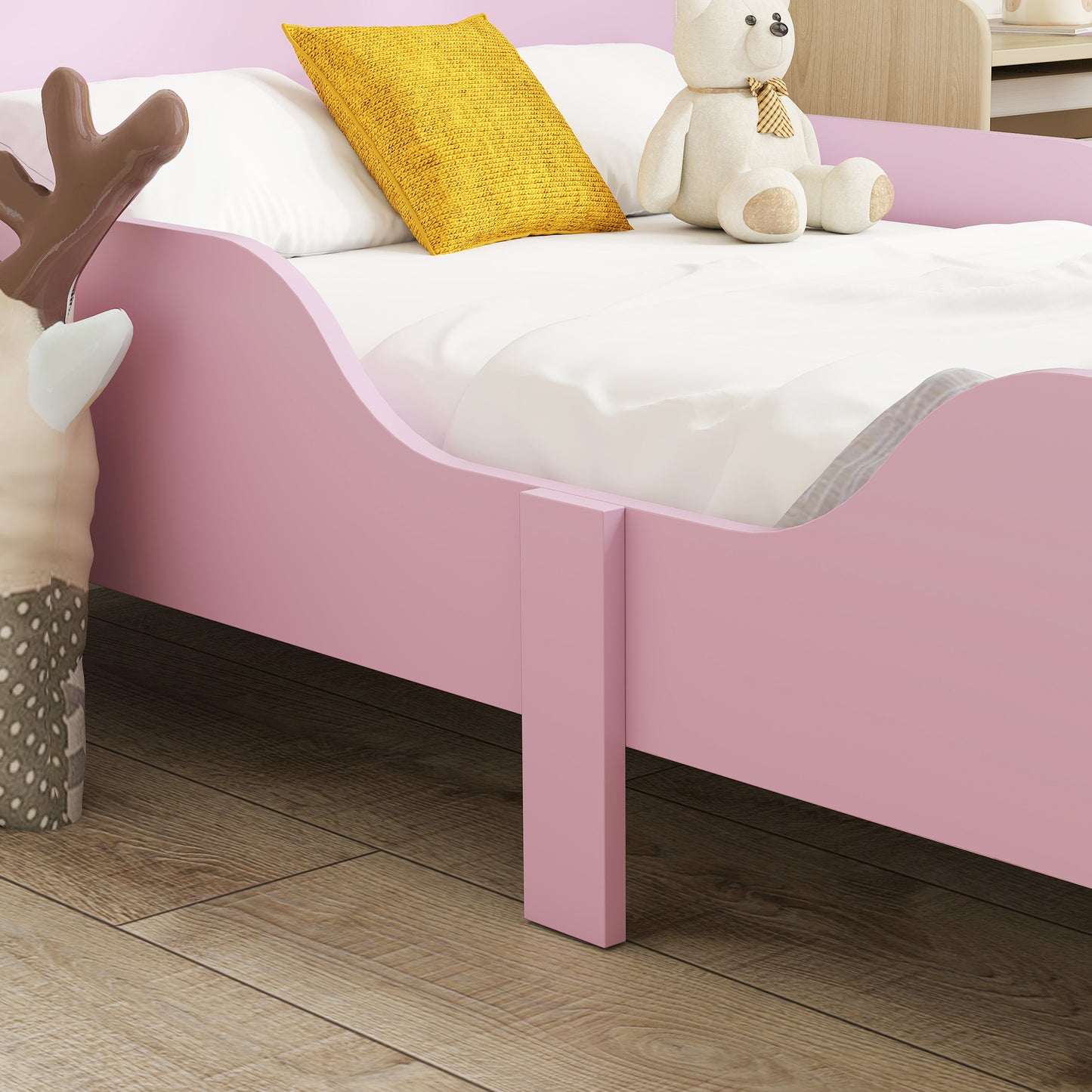 AIYAPLAY Kinderbettgestell, Einzelbettrahmen für Kinder, Schutzgitter, kleines Bett für Kinderzimmer, MDF, ohne Matratze, Rosa