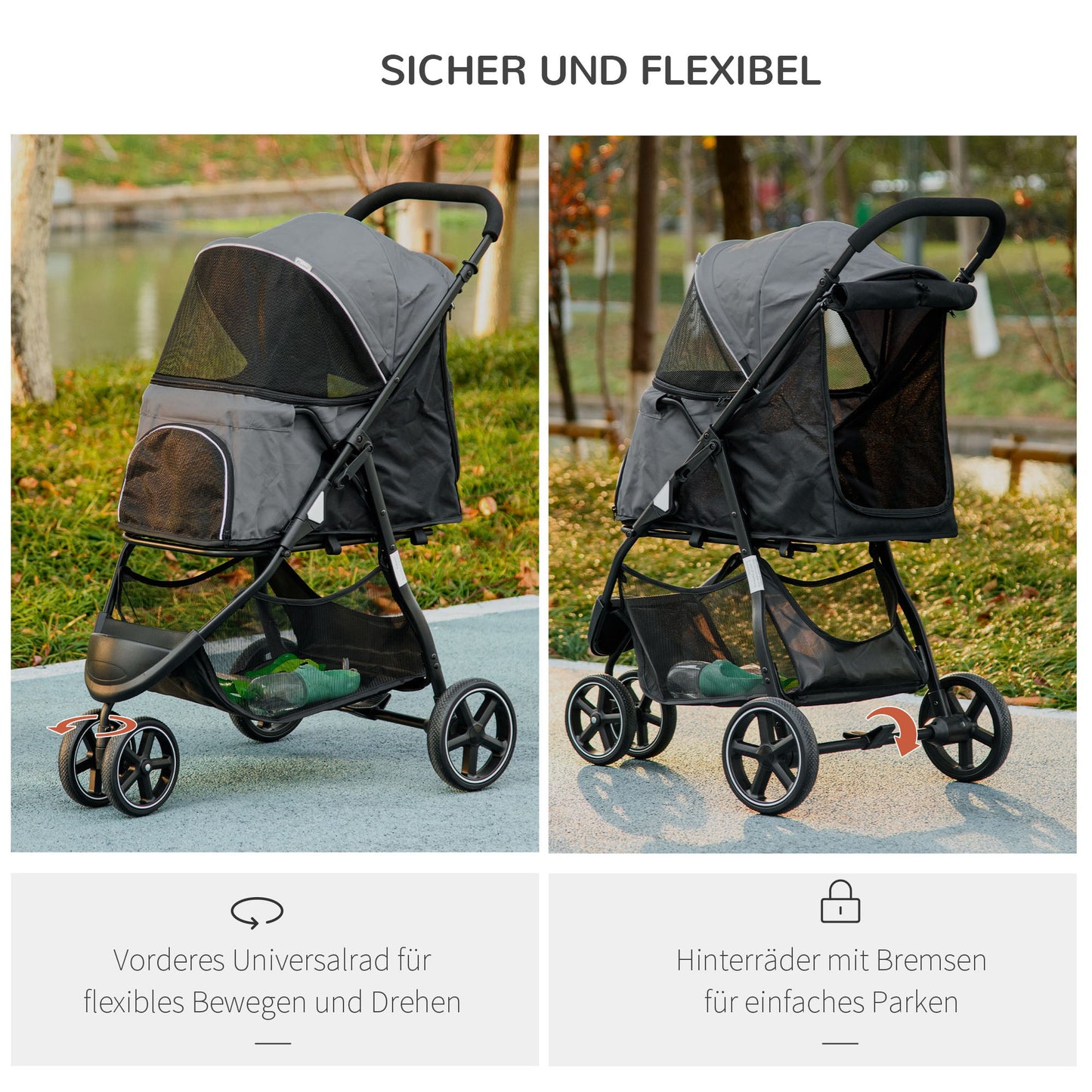 PawHut Hundebuggy Haustierwagen bis 10kg klappbar Regenschutz 2 Sicherheitsleinen 83cm x 55cm x 101cm Grau + Schwarz