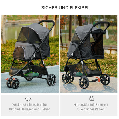 PawHut Hundebuggy Haustierwagen bis 10kg klappbar Regenschutz 2 Sicherheitsleinen 83cm x 55cm x 101cm Grau + Schwarz
