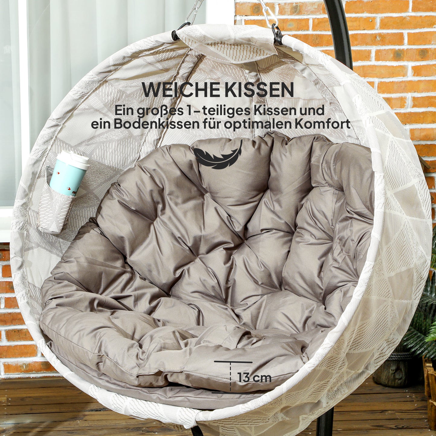 Outsunny Eiförmiger Hängekorb, Hängesessel mit Schaukelfunktion und faltbarem Korb, Gartenstuhl, Becherhalter, Sandbraun