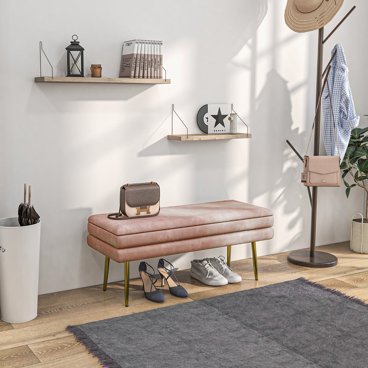 HOMCOM Sitzbank Polsterbank, mit Stauraum, Stahl, 100 x 37,5 x 42 cm, Rosa