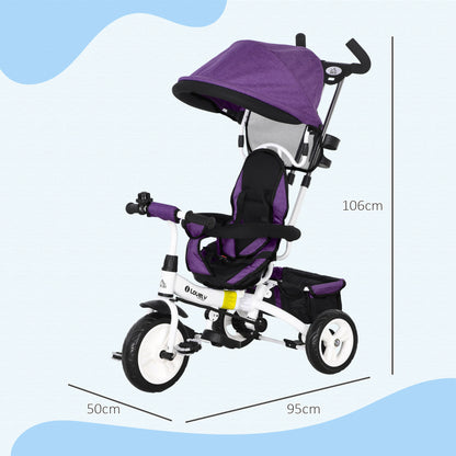 HOMCOM 6-in-1 Kinderdreirad mit Schiebestange, Dach, Gurt, Ablagekorb, für 1-5 Jahre, Blau