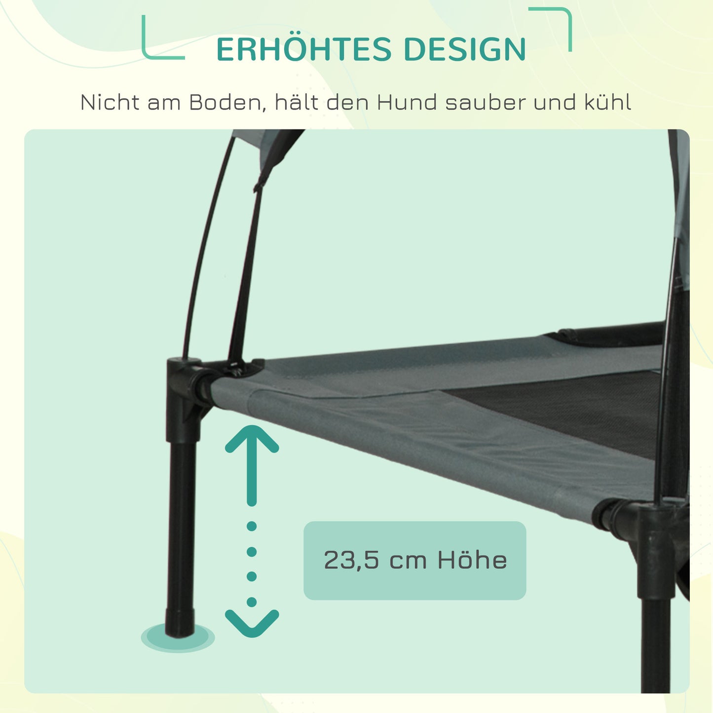 PawHut Erhöhtes Hundebett mit Baldachin, Haustierbett, Hundeliege outdoor mit Dach, Atmungsaktiv, Taftstoff für Camping Grau 122 x 92 x 108 cm