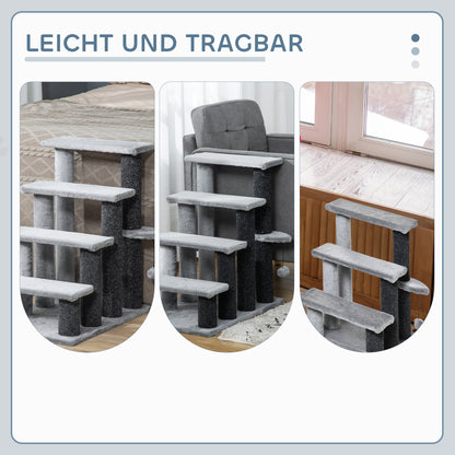 PawHut Katzentreppe 4-stufige Haustiertreppe mit Kratzsäulen Ball Hundetreppe Tiertreppe für Katzen bis 5 kg Plüsch Jute Grau 60 x 40 x 64 cm