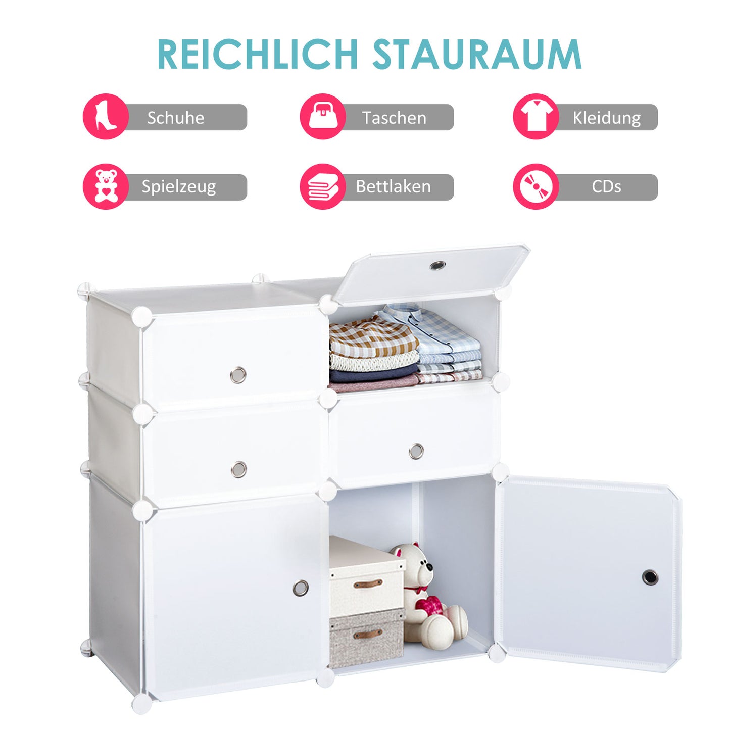 HOMCOM Schuhschrank, Regal mit Aufbewahrungsboxen, Kleiderschrank, Kunststoff, Stahl, Weiß, 75 x 37 x 73 cm