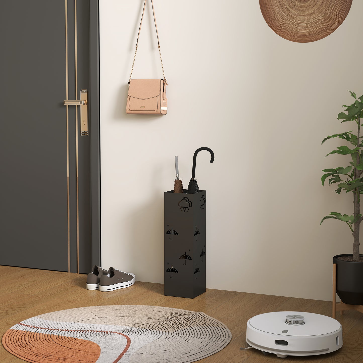 HOMCOM Schirmständer aus Metall, 4 Haken, Wolken- und Schirmmuster, Tropfblech, Schwarz